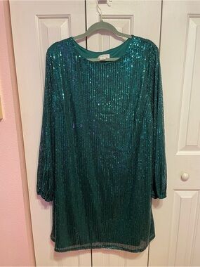 Chic Soul Teal Sequin Long-Sleeve Shift Dress